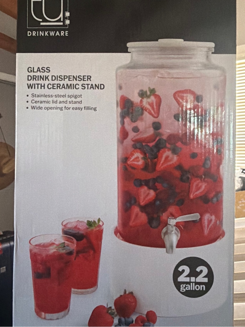 Glass Drink Dispenser with Ceramic Stand - Clear Glass, Red Beverage